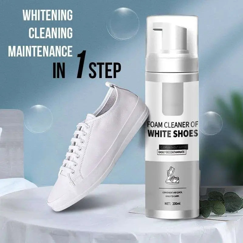 A sleek silver 200ml foam white shoe cleaner with whitening pump dispenser for maintenance in one step