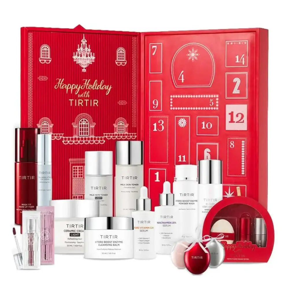 Red tirtir 2024 holiday advent calendar gift box with white decorative details and numbered cushion ornaments compartments