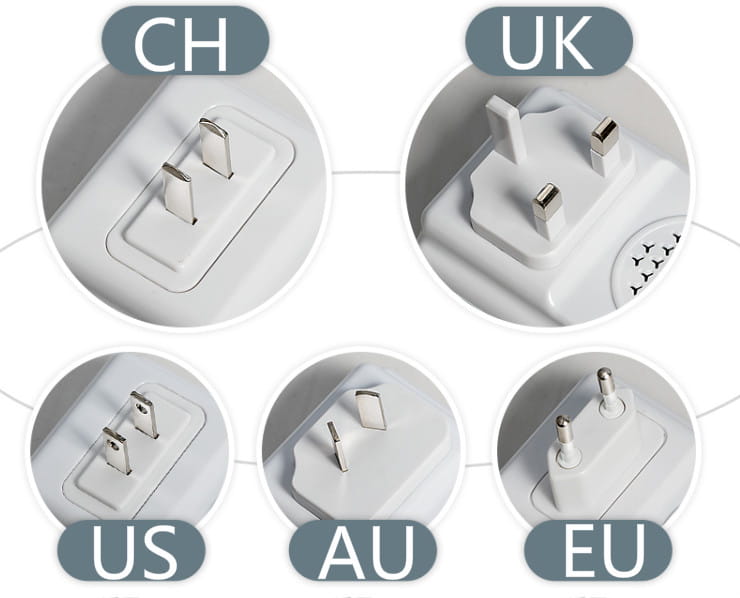white universal travel adapter with interchangeable plug heads for ch uk us au and eu standards paired with modern white and silver wireless door bell for versatile wireless door connectivity