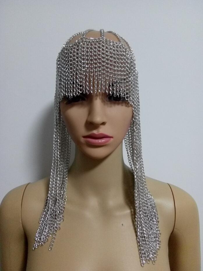Silver chainmail dome pendant mask head chain featuring a mesh design with dangling chains in a metallic finish