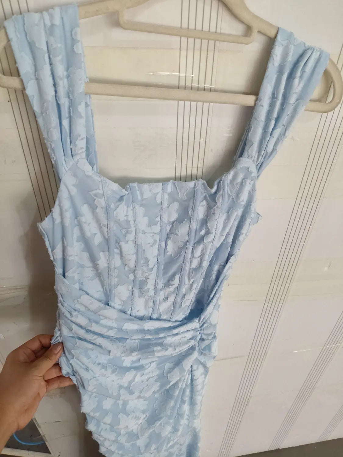 A light blue ruched lace sexy evening dress with a square neckline and gathered straps, featuring a backless sexy evening design.