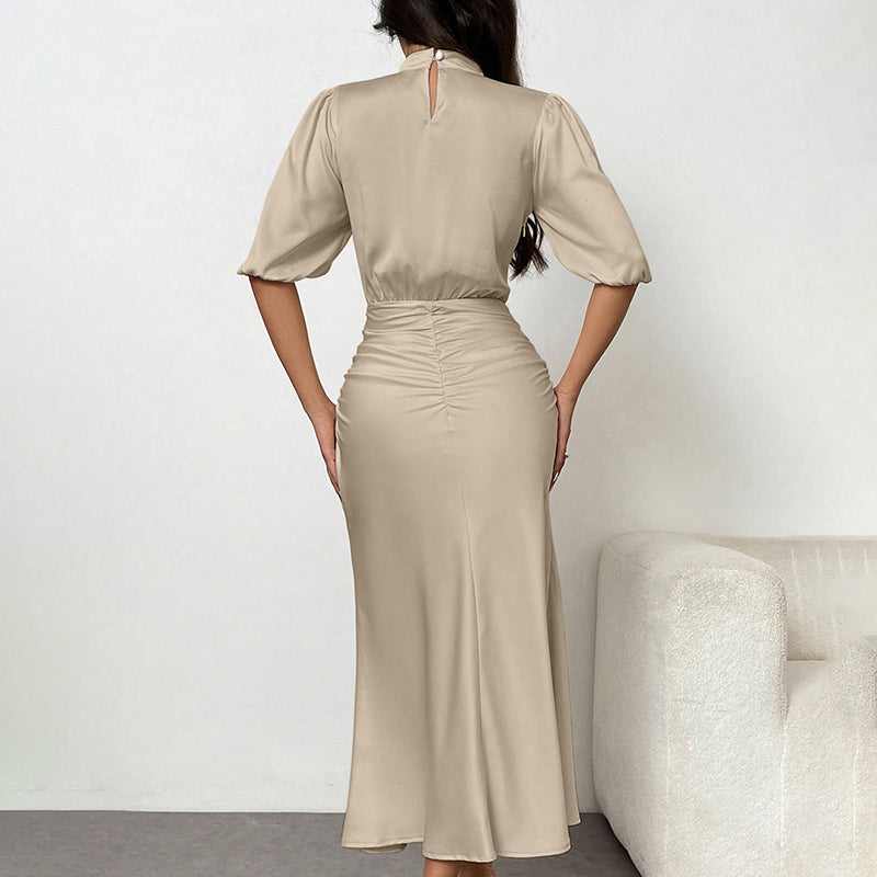 Women's Elegant Mock Neck Ruched Midi Dress Slim Fit Party Dress