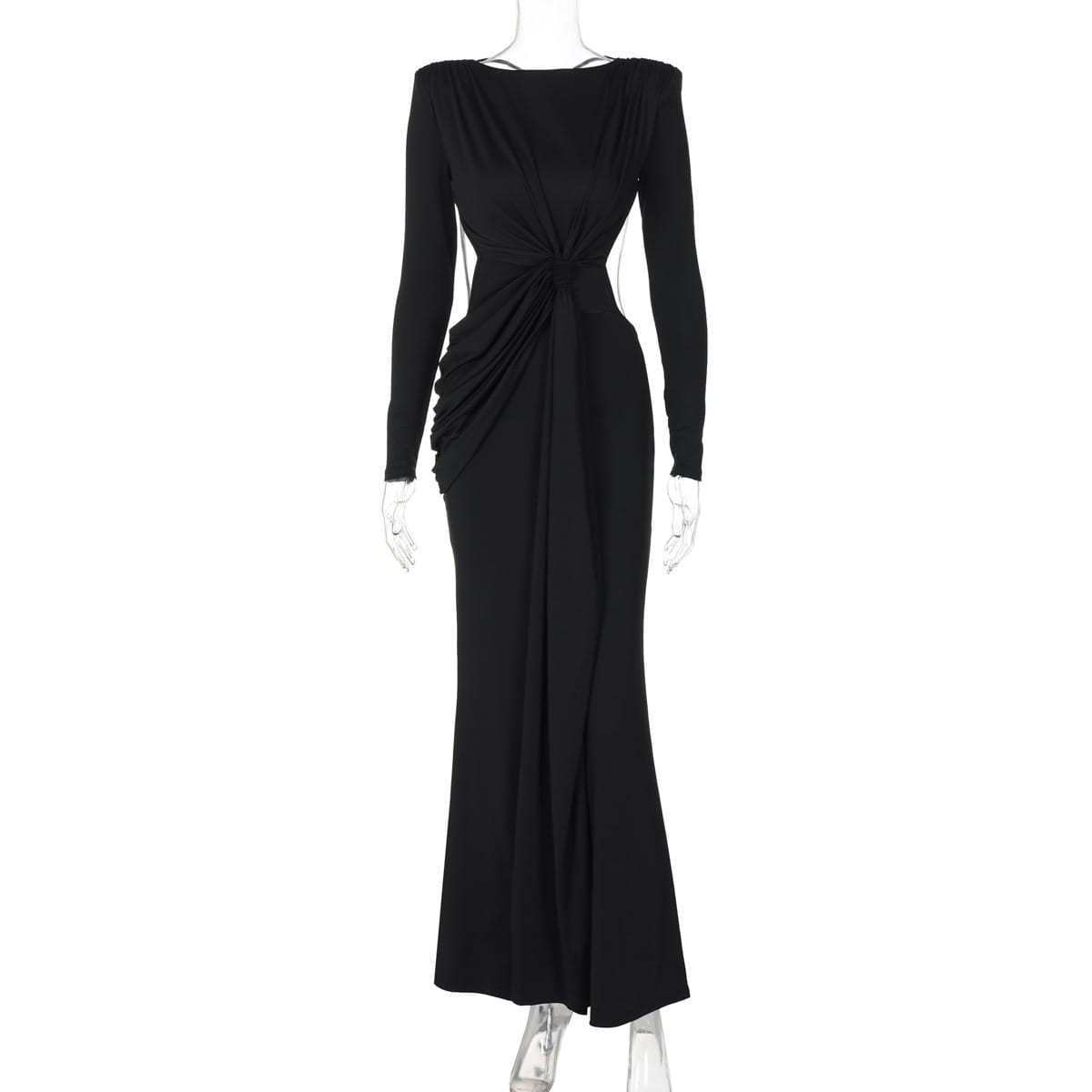 black long sleeve dress with a draped front and off the shoulder neckline designed for a sexy hot girl look