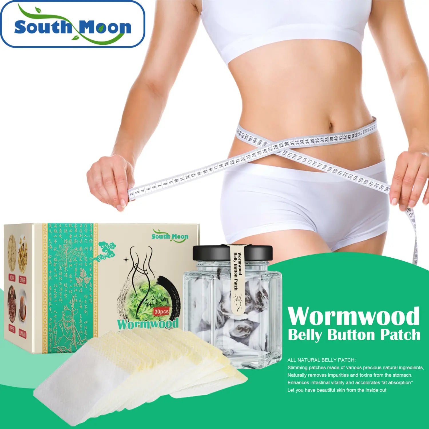 south moon brand wormwood herbal weight loss patches in black lid glass jars with packaging displayed alongside a measuring tape as a weight loss patch for effective size reference