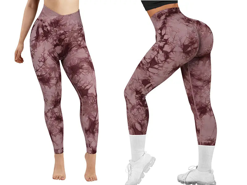 seamless tie dye high waisted yoga pants in maroon and beige with a snug, form-fitting design of tie dye leggings women.