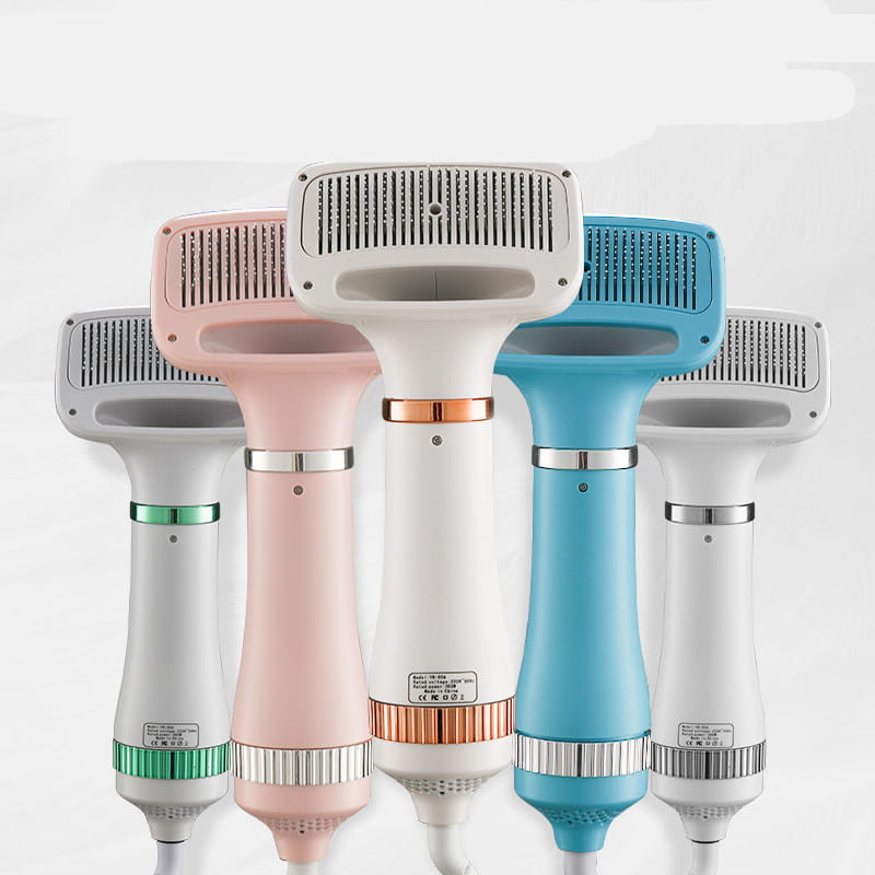 a sleek modern 5-in-1 pet hair dryer with a soft pink handle and matching comb attachment designed for one-key hair removal and efficient grooming.
