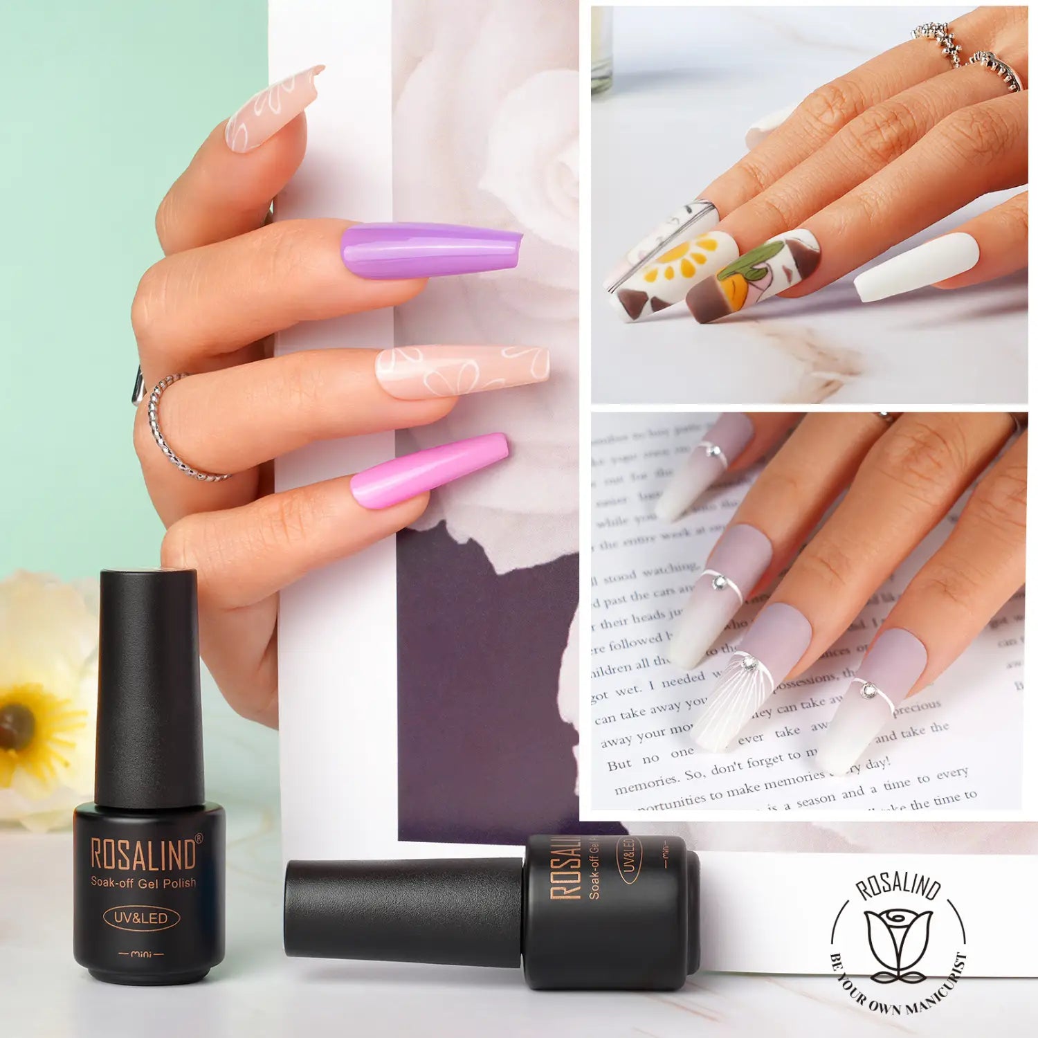 Black rosalind soak-off gel polish bottles with sleek cylindrical shapes and gold lettering featured in a 38 piece gel polish set with 35 colors and glossy finish.