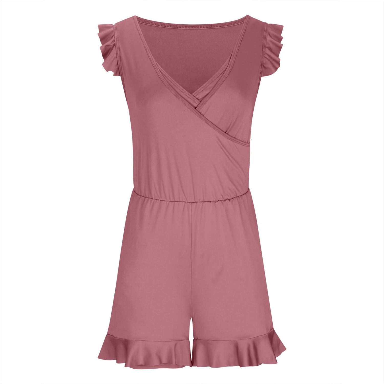A soft mauve-colored solid color printing bikini ruffled romper swimwear made from smooth flowing fabric with ruffled sleeves and hem.