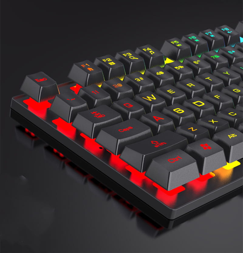 black mechanical four piece keyboard mouse headset bundle featuring rgb backlighting with red yellow and blue illumination under the keys
