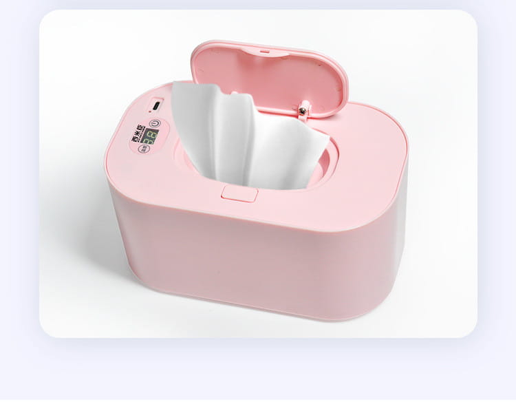 Pink plastic modern household baby wet wipes heater and dispenser with digital display and open lid revealing white wet wipes quantity inside.