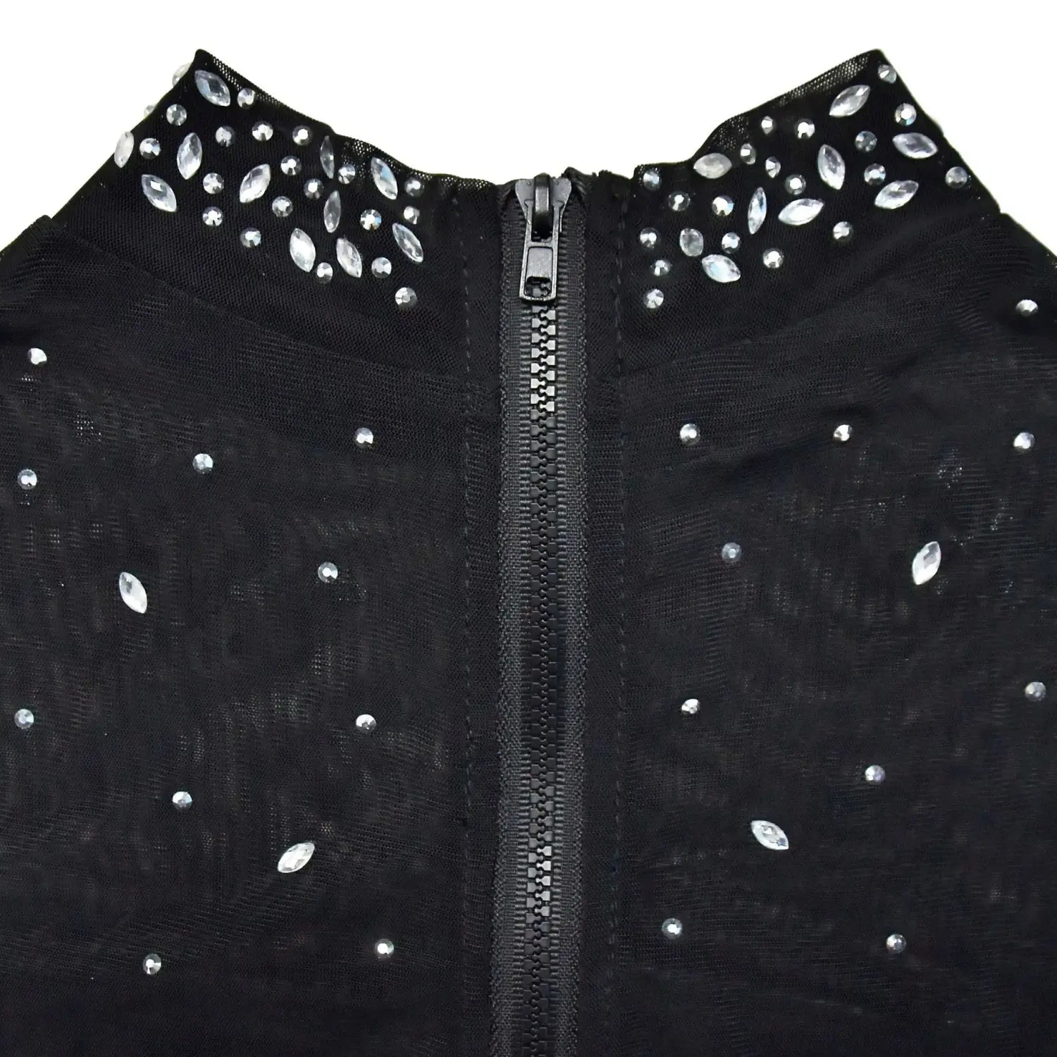 black sheer jacket from black gold color mesh rhinestone two piece set featuring sparkling silver rhinestones along the collar and scattered across the front in pure color mesh fabric