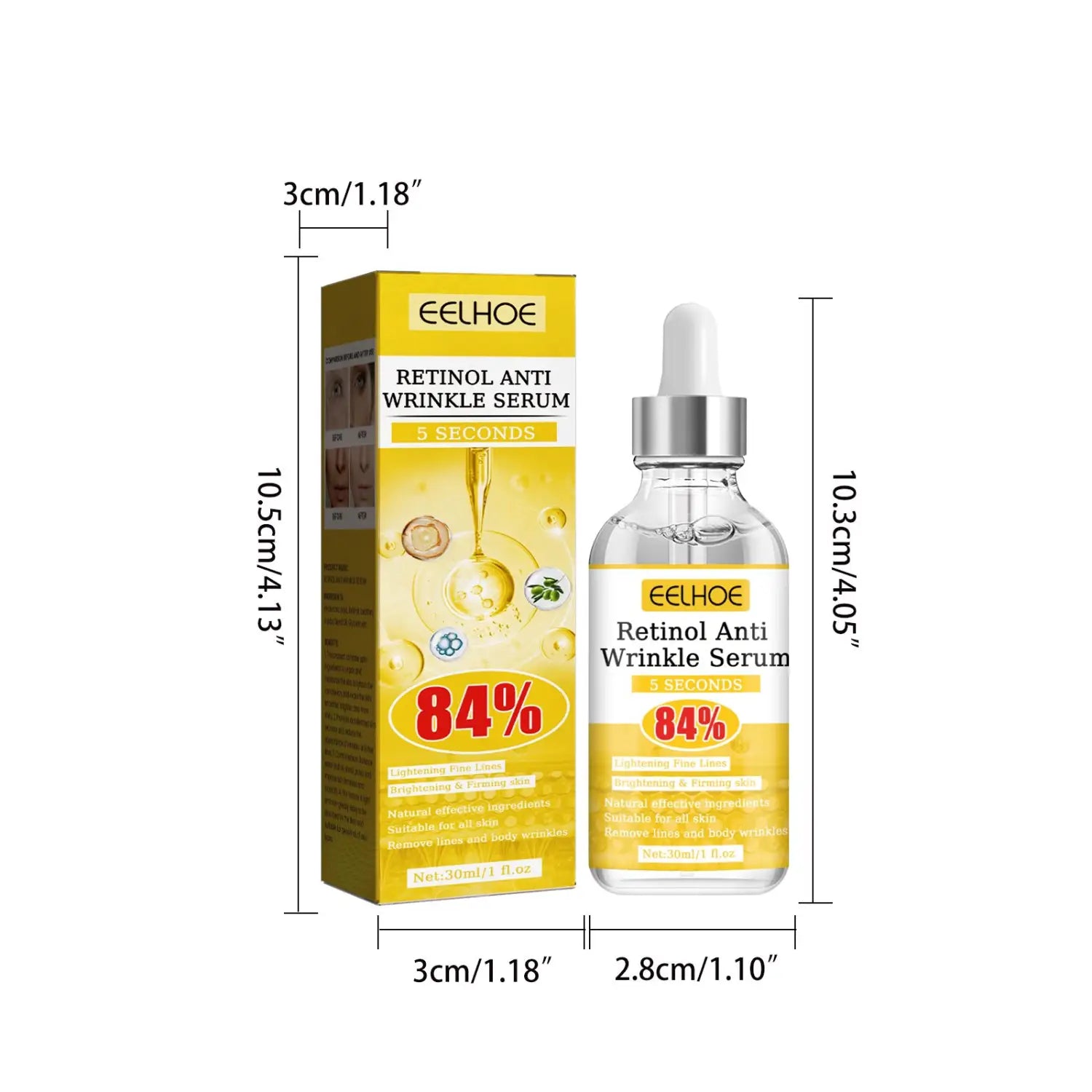 Clear glass bottle with silver dropper cap and yellow label displaying eelhoe retinol anti wrinkle serum 84 percent containing retinol anti-wrinkle ingredients for advanced skin care.