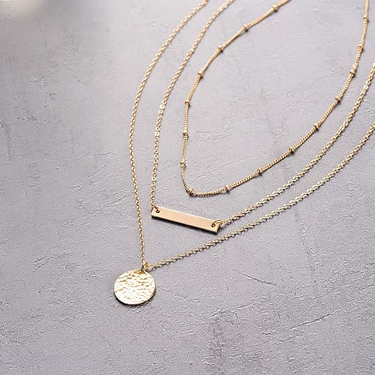 14K Gold Plated Layered Choker Necklace Bar Coin Charm Multilayer Necklace for Women