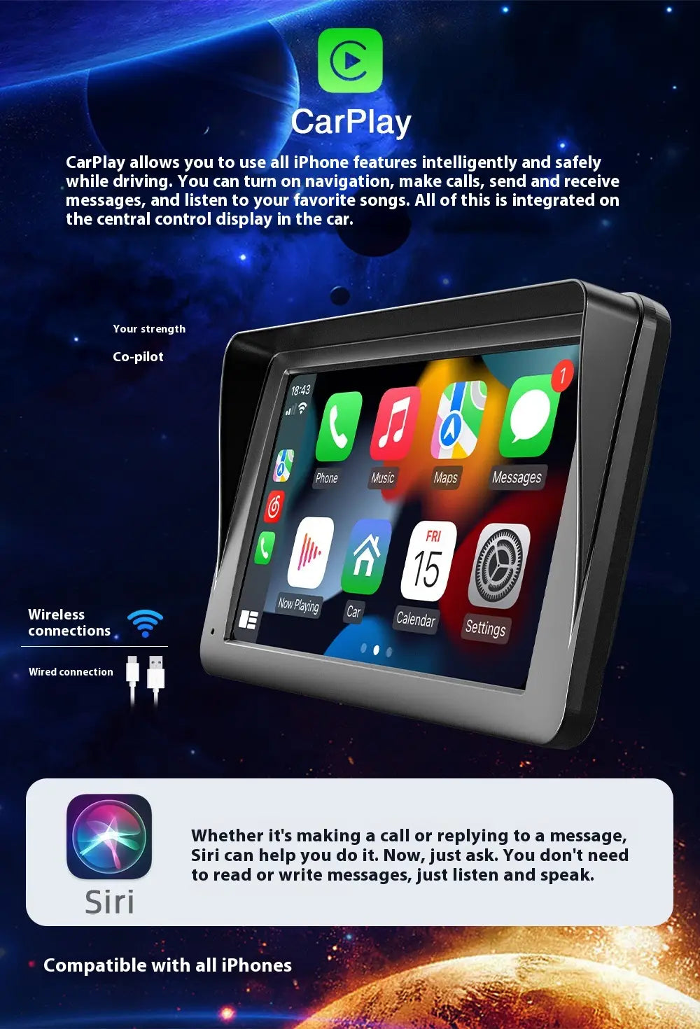 black-framed portable car player with a 7 inch hd large touchscreen display compatible with carplay showing iphone app icons for large screen vehicle use