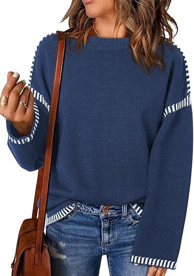 navy blue knit striped solid round neck pullover sweater with white striped accents on sleeves and cuffs
