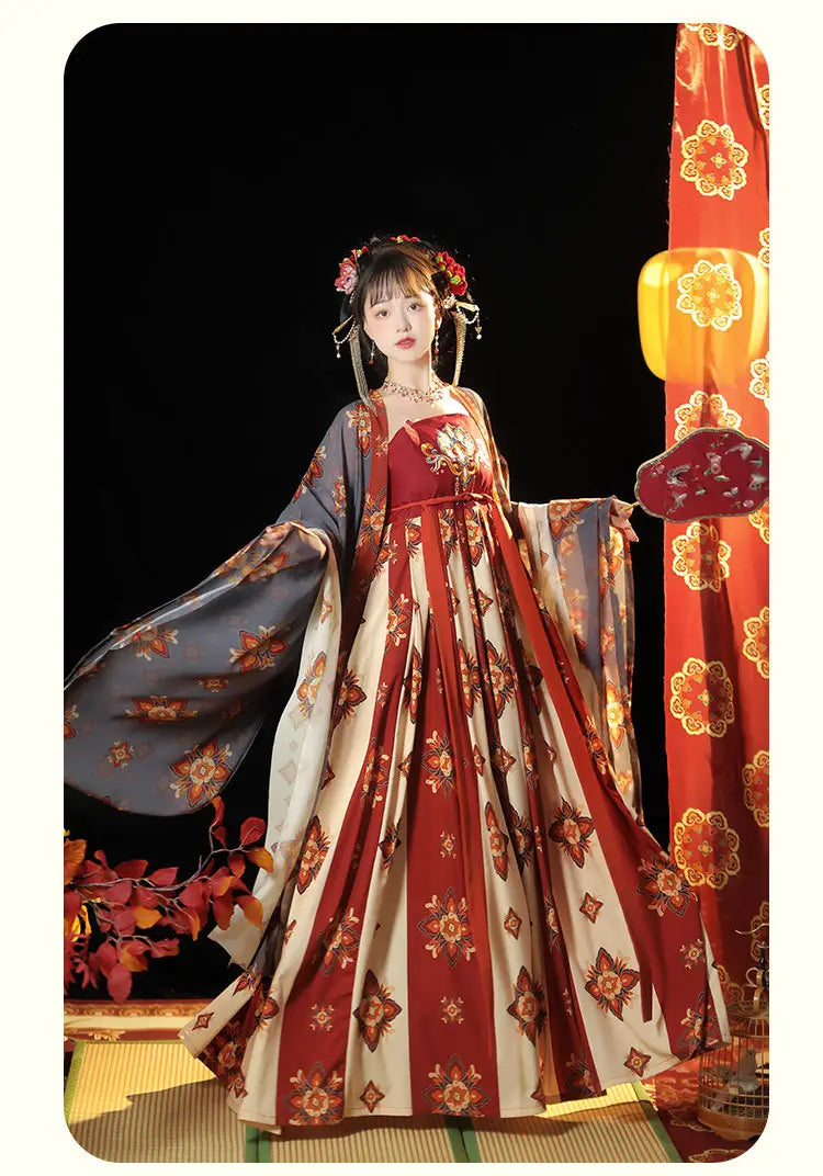 a flowing red and cream-colored traditional Tang imperial han chinese clothing recovery dress with intricate floral embroidery wide sleeves and a fitted bodice