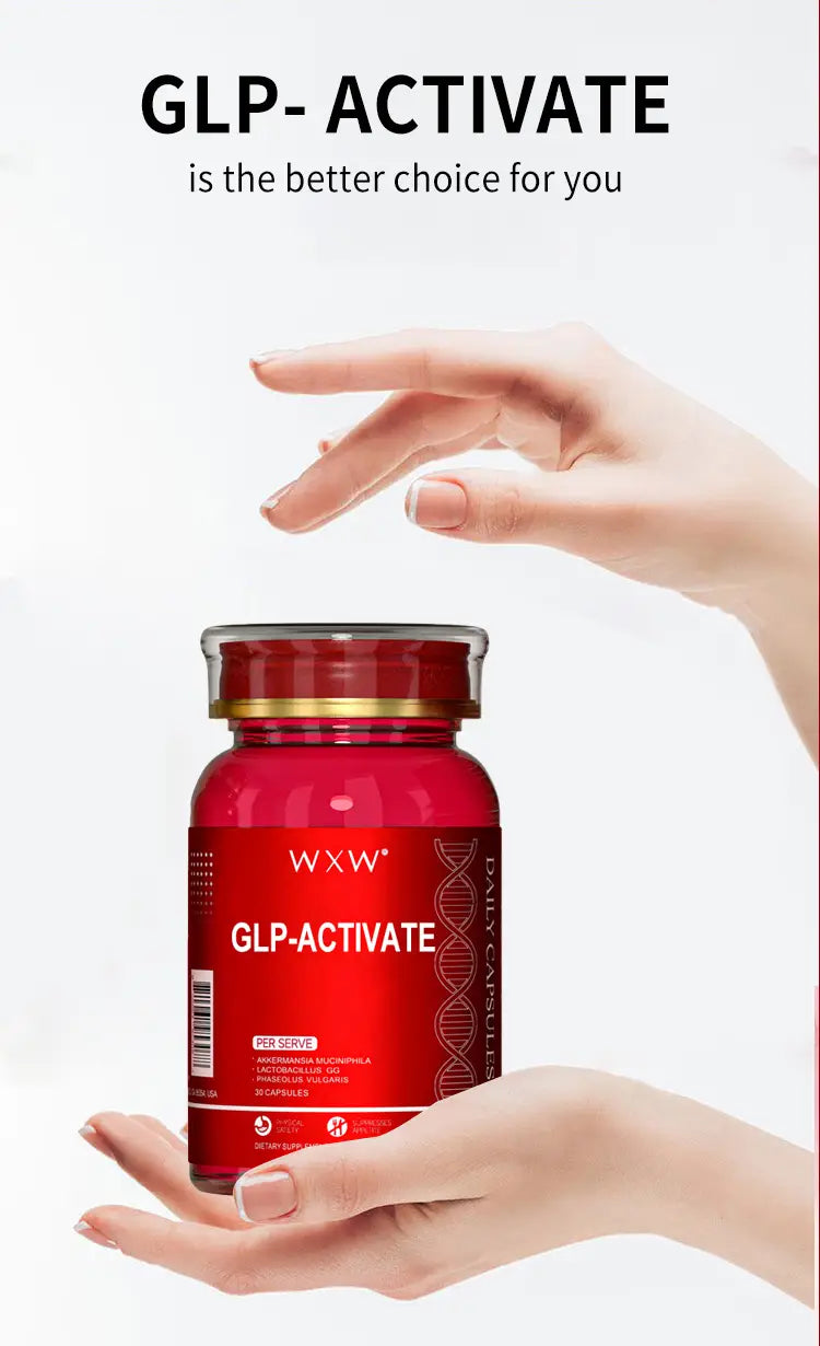 Red glass bottle of luxury glp-1 capsules with gold-colored cap and dna strand design on the label for enhancing plus size dresses and bikinis in luxury women’s fashion.