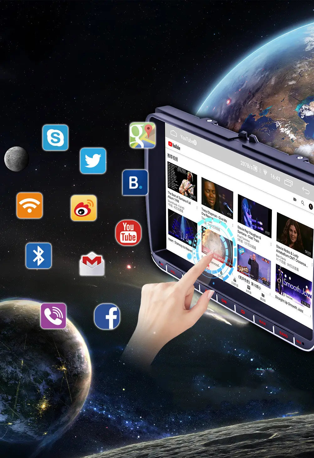 a sleek black android gps navigation tablet with a glossy finish displaying youtube content in a car white variable case designed for variable case mp5 devices