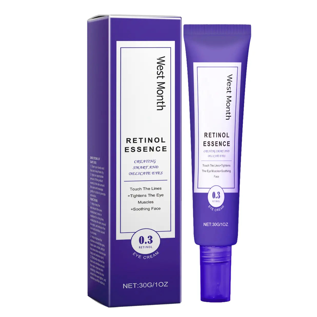 purple west month retinol essence anti aging eye cream in a sleek purple tube and matching box with white labeling and black text designed for aging eye cream care.