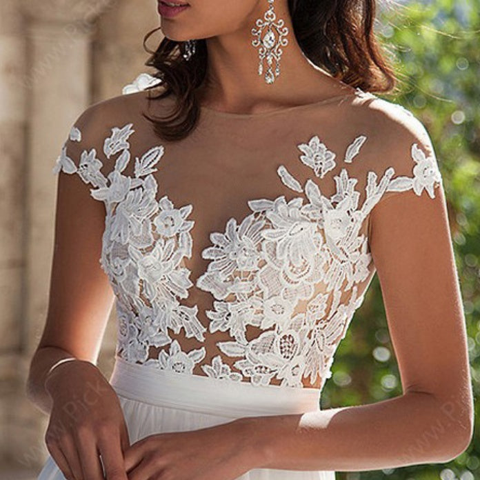 White Lace Bridal Maxi Dress with Side Slit Elegant Wedding Gown for Women