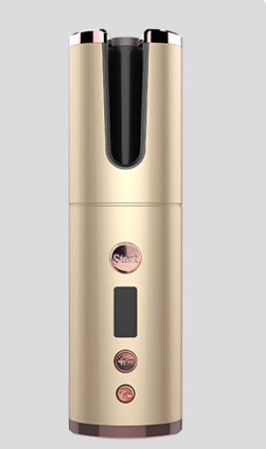 Gold-colored wireless rechargeable curling iron electric with a sleek cylindrical design and black interior barrel featuring a digital display.
