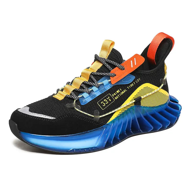 Black yellow and blue athletic sneaker with translucent blue sole and orange accents designed as orange mesh fashion casual running shoes ideal for casual running.