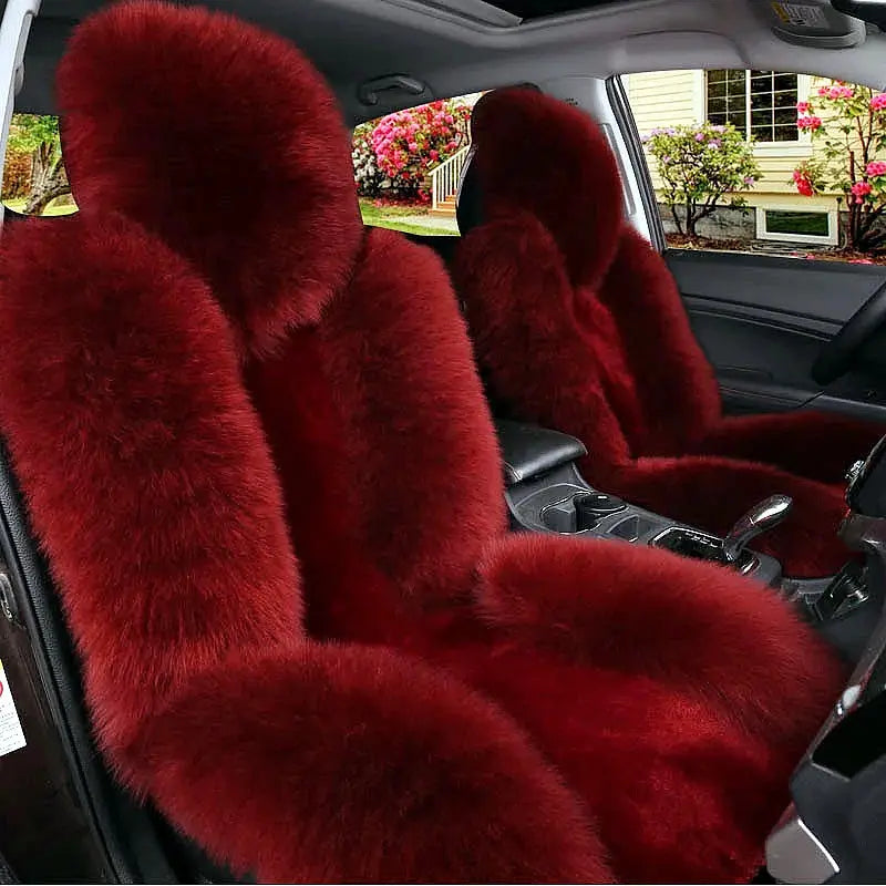 Luxurious deep red fox fur car cushion winter cover with plush long-haired texture for cream sheepskin winter car cushion.