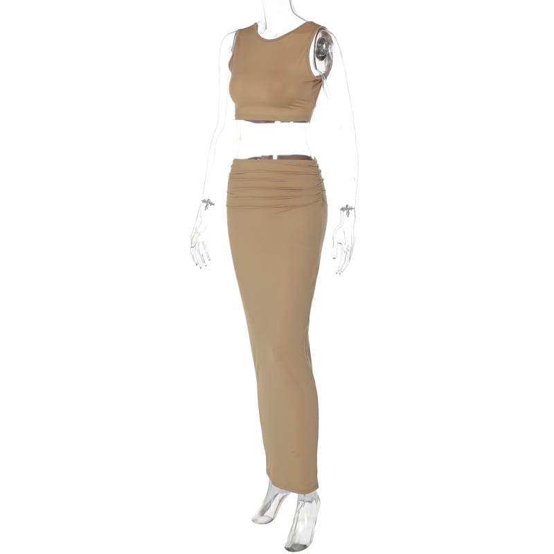 tan solid color women tank tops long two piece set featuring a stretchy, form-fitting cropped top and high-waisted pencil skirt