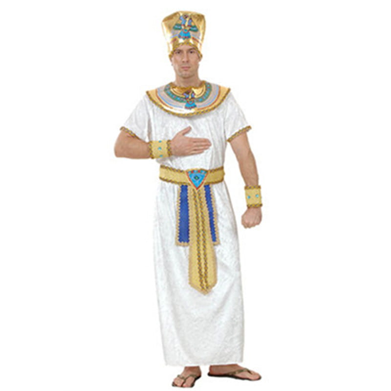 White Egyptian pharaoh costume with gold and blue accents featuring a tall golden headdress, ornate collar, belt, and wristbands designed for halloween celebration costumes and female makeup looks.