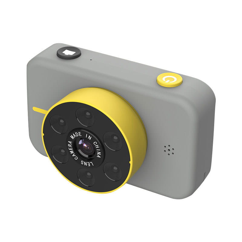 pink digital mini camera for children shown in gray and yellow with a circular multi-lens assembly as a digital mini camera for kids.