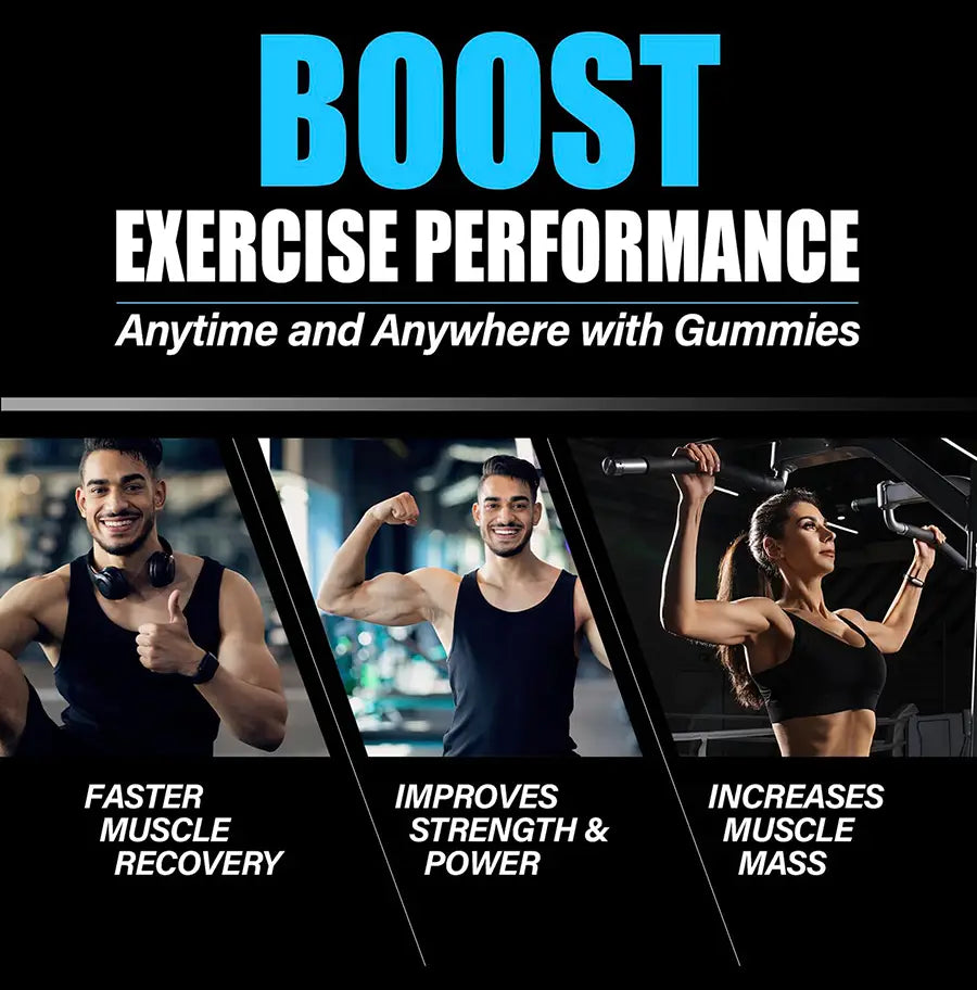 blue and white text advertising blueberry creatine monohydrate gummies as creatine gummies for enhanced exercise performance