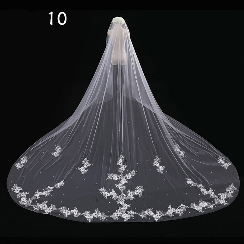 a delicate white lace bridal veil with intricate floral embroidery and subtle beading along the hemline in a long lace wedding veil meters wide wide style