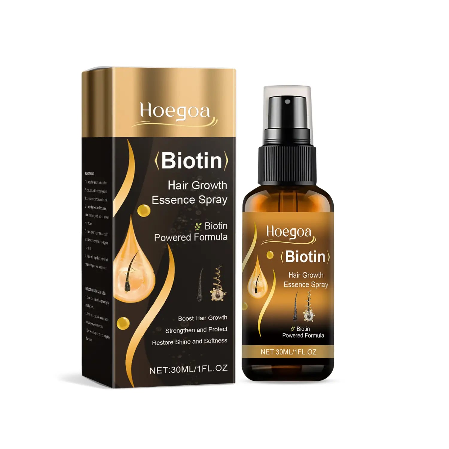 hoegoa biotin hair care spray for tough hair in a sleek amber glass bottle with black spray nozzle and gold-accented packaging.