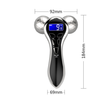 3-head silver digital firming beauty massager with a silver and black ergonomic handle, digital display, and two spherical massage heads for effective firming beauty treatment.