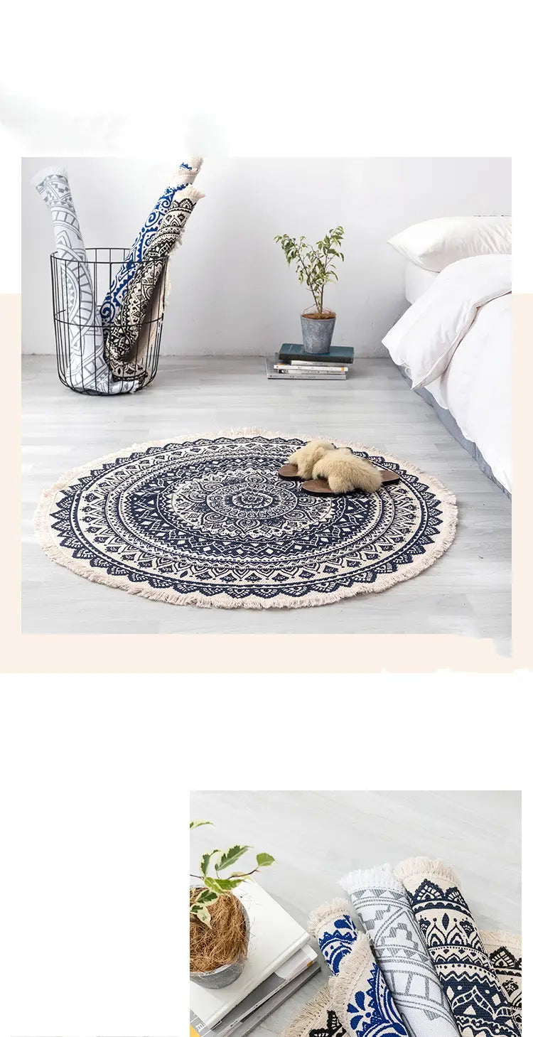 Navy mandala ethnic style round carpet floor mat with intricate navy blue and white mandala patterns and fringed edge.