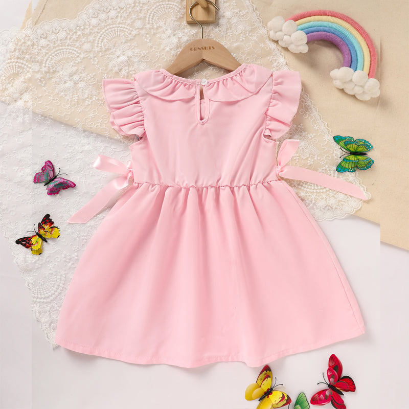 Girls Pink Ruffle Sleeve Lace Collar Dress with Bow Details