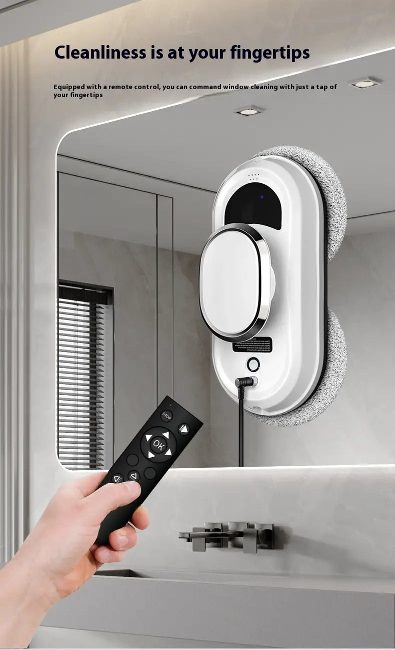 White automatic high altitude cleaning machine with circular design and textured gray cleaning pads for high altitude window cleaning.