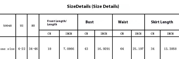 size details table for white female floating flower knitting bikini set showing one size fitting us 4-22 eu 34-46 with front length 18 cm and bust 43 cm