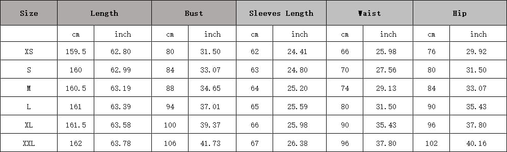 Size chart for a mint green long sleeve sexy sequined evening dress showing measurements in centimeters and inches from size xs to xxl.