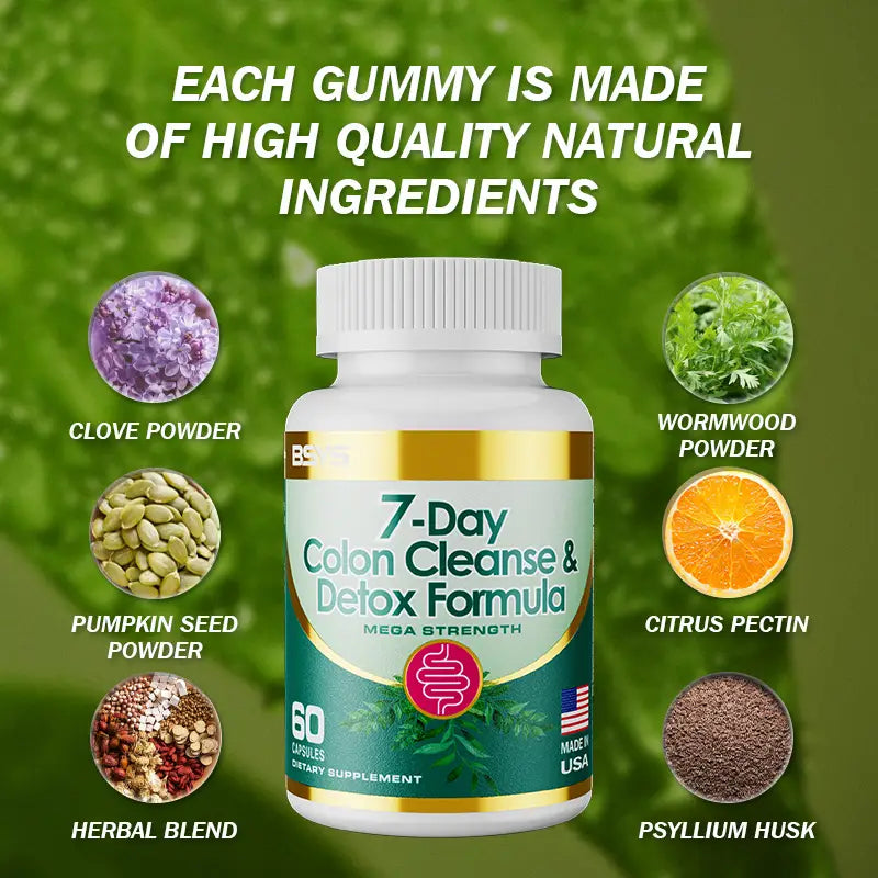 White plastic bottle with a white ribbed cap and teal label featuring gold trim labeled 7 day colon cleanse and detox formula capsules in green text containing detox formula capsules for effective colon cleanse and detox formula use