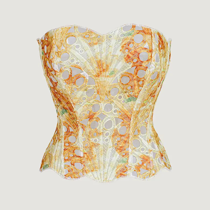 A white lace hollow out party club corset in warm orange and cream hues featuring a delicate lace-like pattern ideal for streetwear party club and club corset clothing.