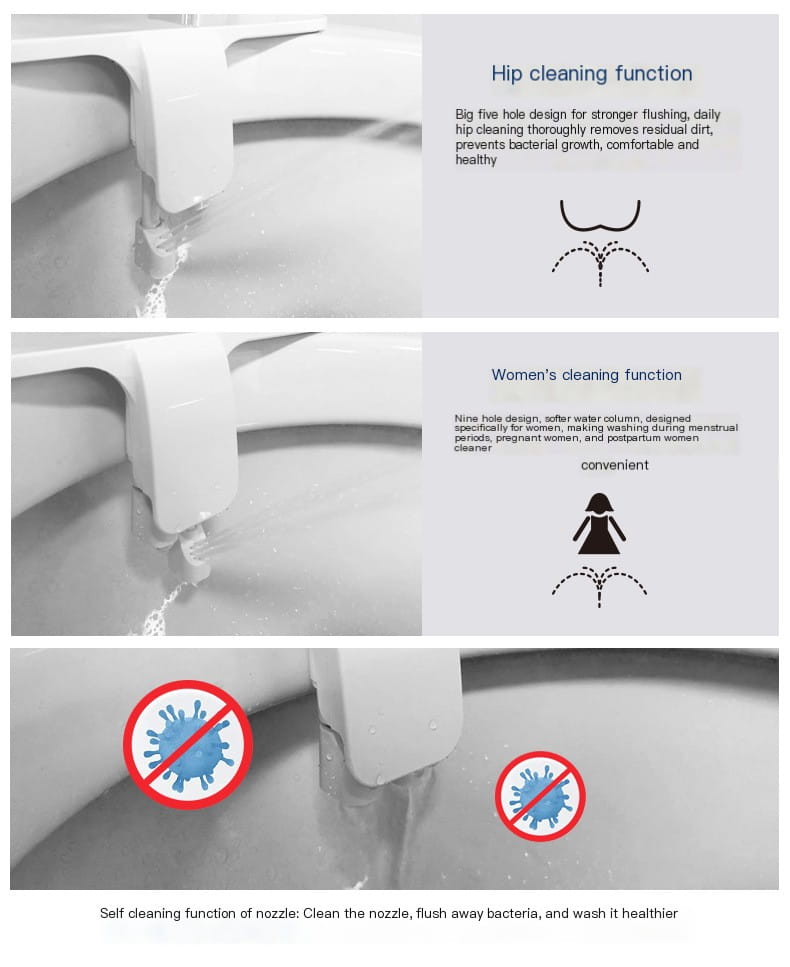 White plastic ultra-thin dual nozzle bidet toilet cleanser with integrated cleaning nozzles for hip and women’s specific hygiene functions in a toilet cleanser image.