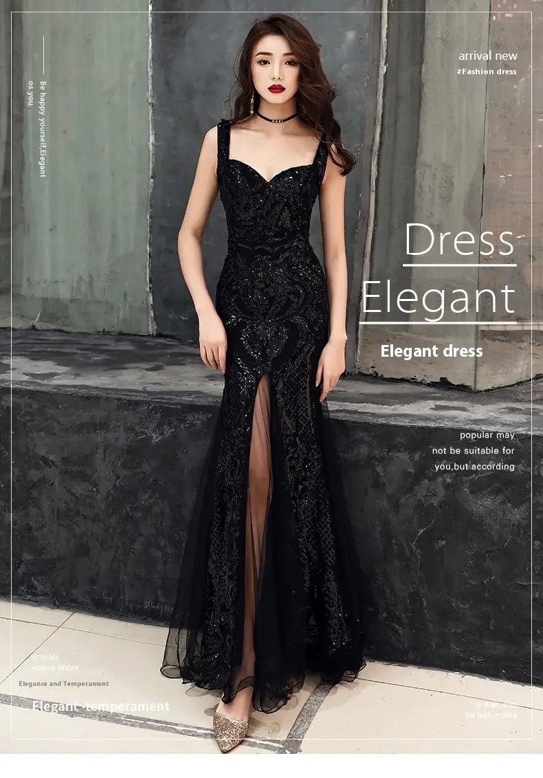 black fishtail long summer sequins sling evening dress featuring a high slit and delicate lace detailing on a black sequined mermaid silhouette
