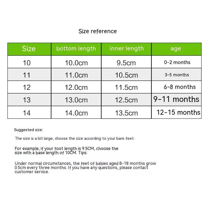 Size reference chart for plush lined sports soft-sole cotton baby shoes showing measurements and corresponding age ranges for cotton baby shoes.