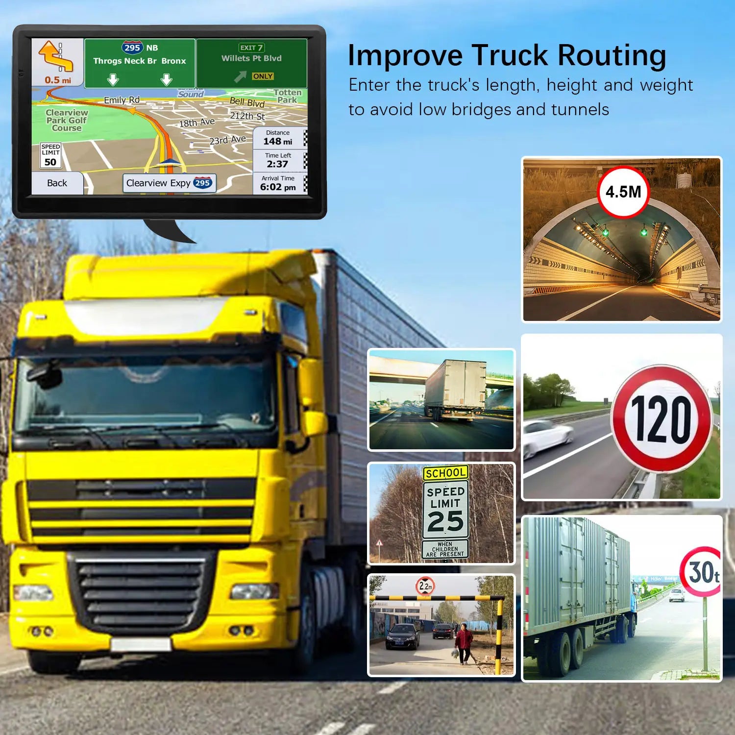 Yellow semi-truck equipped with a portable 7-inch on-board gps navigator mounted on the cab designed for car wagon use.