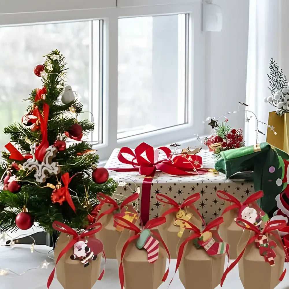 Red ribbon-tied paper christmas gift boxes with cards cartoon santa in festive holiday decoration set 24 pcs christmas gift