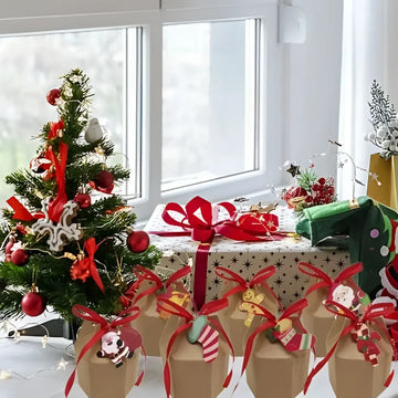 Red ribbon-tied paper christmas gift boxes with cards cartoon santa in festive holiday decoration set 24 pcs christmas gift