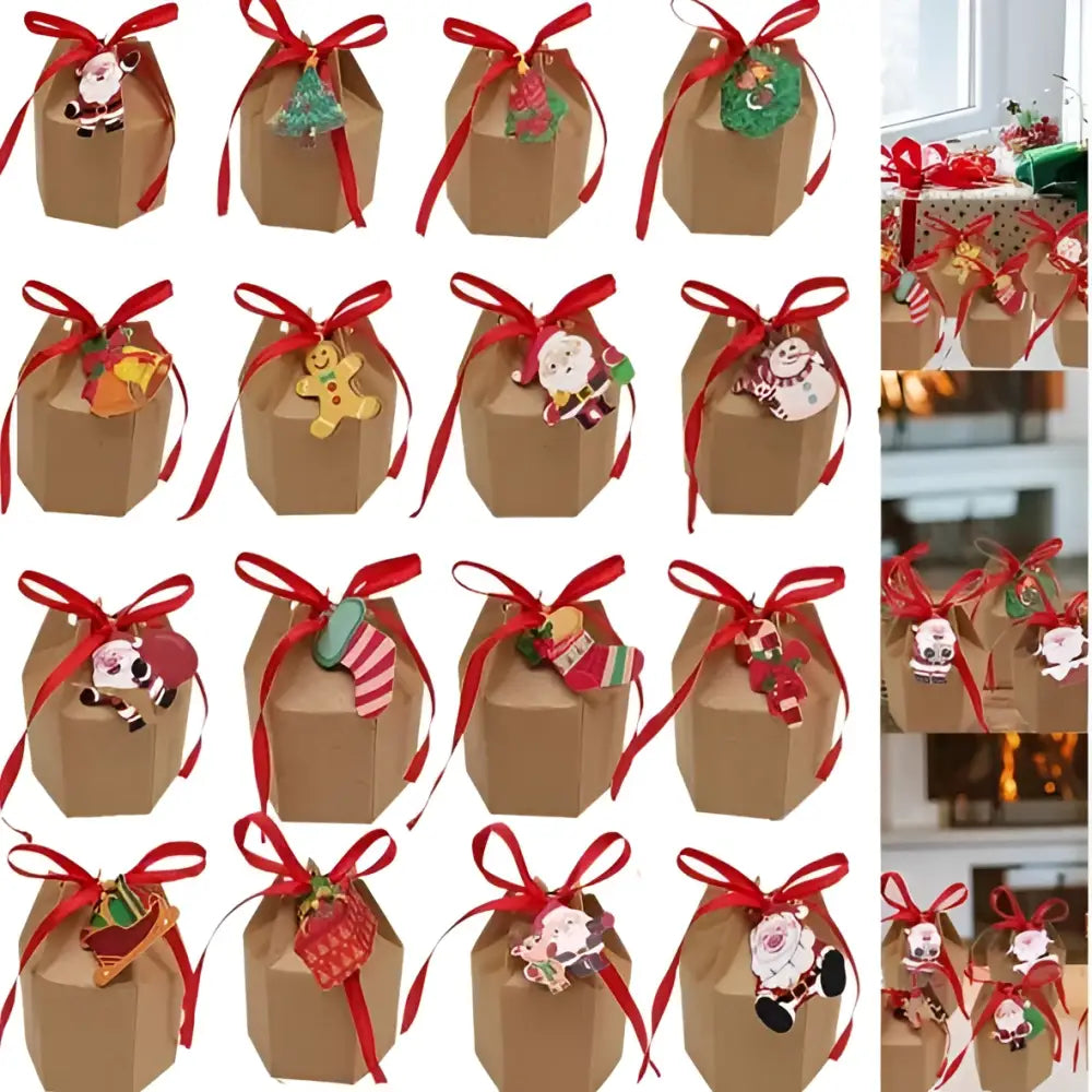Brown hexagonal paper christmas gift boxes with red ribbons and cards cartoon santa festive decorations pcs christmas gift