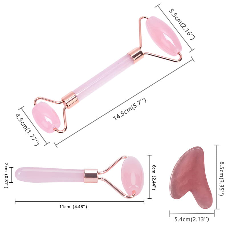 rose quartz facial roller and gua sha wrinkle remover gua with rose gold metal frame and matching pink quartz tool for facial care.