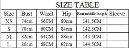 the size table for the black v-neck backless long sleeves skirt waist gown lists measurements in centimeters for bust, waist, hip, rear middle length, and sleeve sizes.